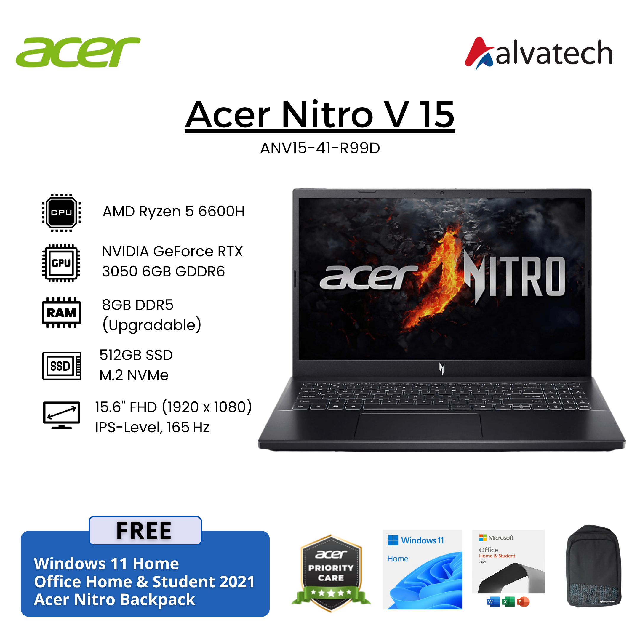 Acer Nitro V 15 ANV15-41-R99D/R5-6600H/8GB/512GB SSD/RTX3050 6GB